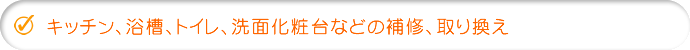 キッチン、浴槽、トイレ、洗面化粧台等の全面的な補修、取り換え